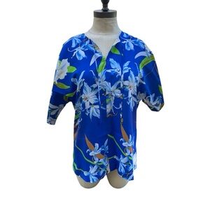 Nani Of Hawaii Women’s Vintage 1970s Blue Floral Hawaiian Shirt Size M Pullover